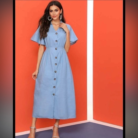 NWOT Zara chambray flutter sleeve midi dress - Picture 1 of 8